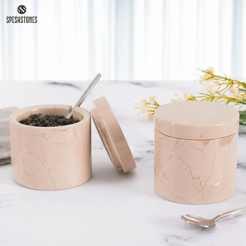 Elegant Beige Marble Spice Jar Set/salt Celler New In Original Box